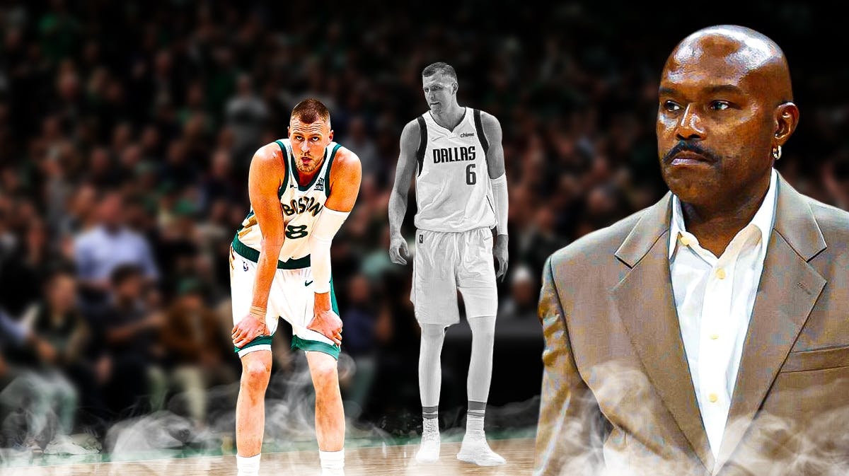Tim Hardaway Sr. looking at Celtics' Kristaps Porzingis looking tired, with Porzingis being haunted like a ghost by the Mavericks version of himself (in black and white)