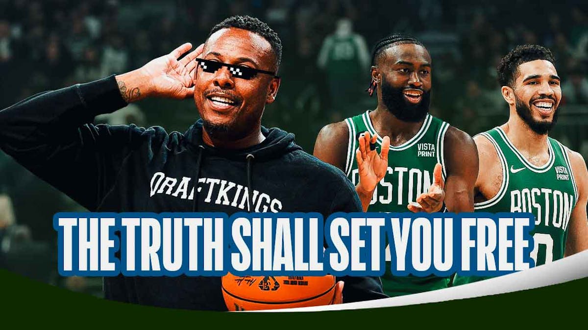 Paul Pierce smiling, with thug life shades on, with Celtics' Jayson Tatum and Jaylen Brown together on the right, caption below: THE TRUTH SHALL SET YOU FREE