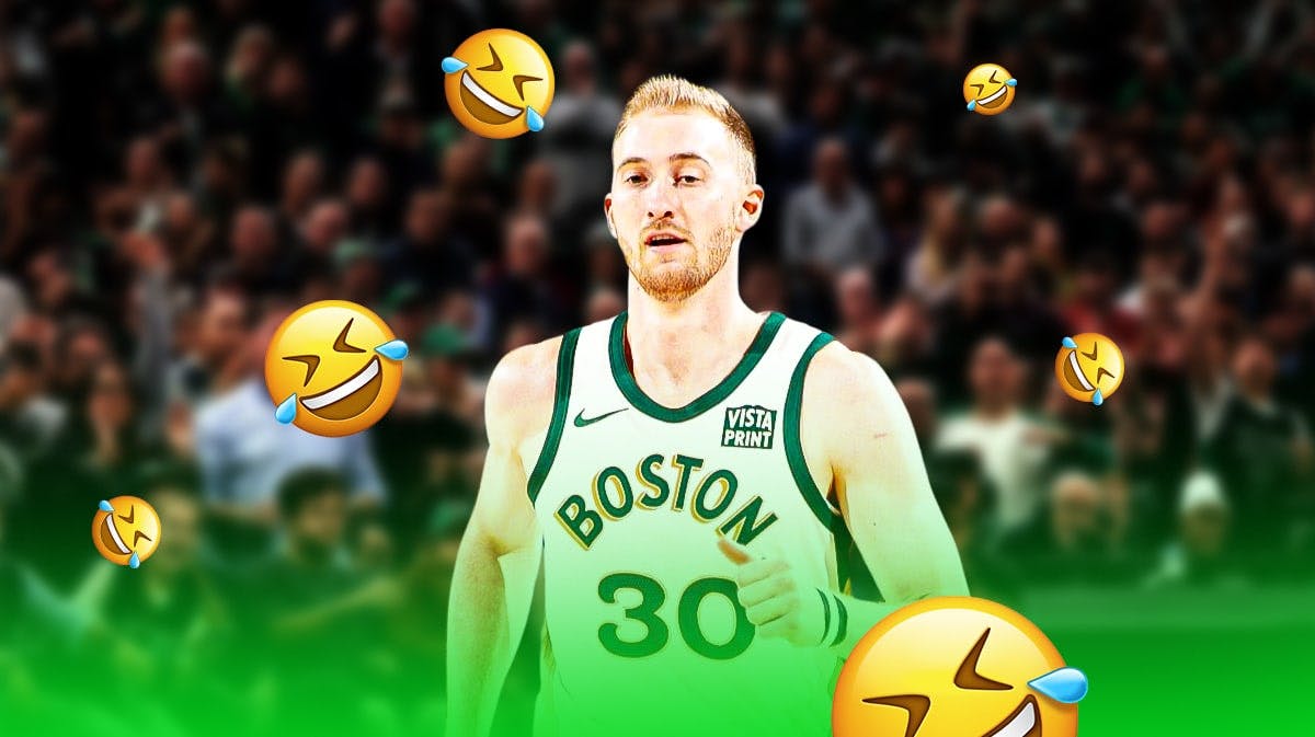 Celtics forward Sam Hauser, laughing emojis around him