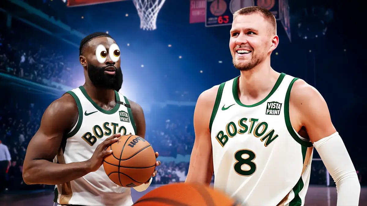 Jaylen Brown with his eyes popping out and smiling at Kristaps Porzingis on a basketball court background