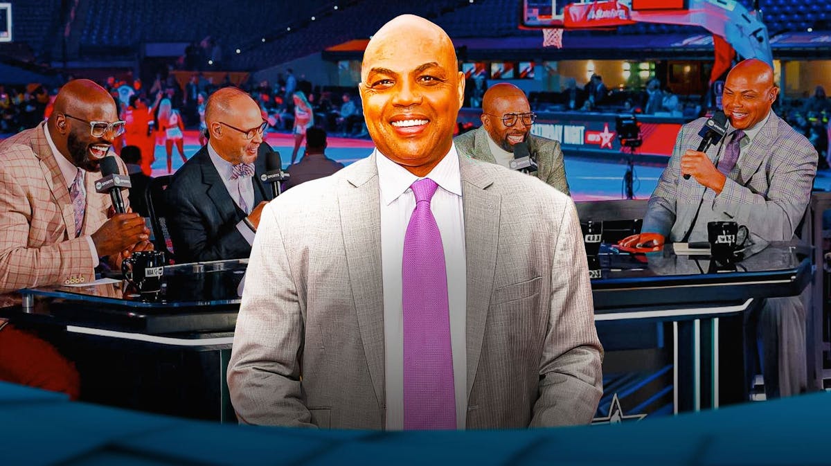 Charles Barkley smiling, with a picture of the TNT Inside the NBA crew in the background (Ernie Johnson, Kenny Smith, Shaquille O'Neal)
