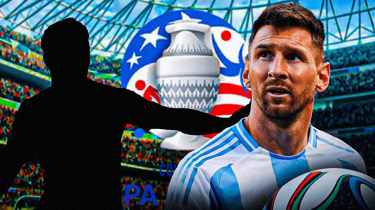 The silhouette of Enzo Fernandez next to Lionel Messi, the Copa America logo behind them