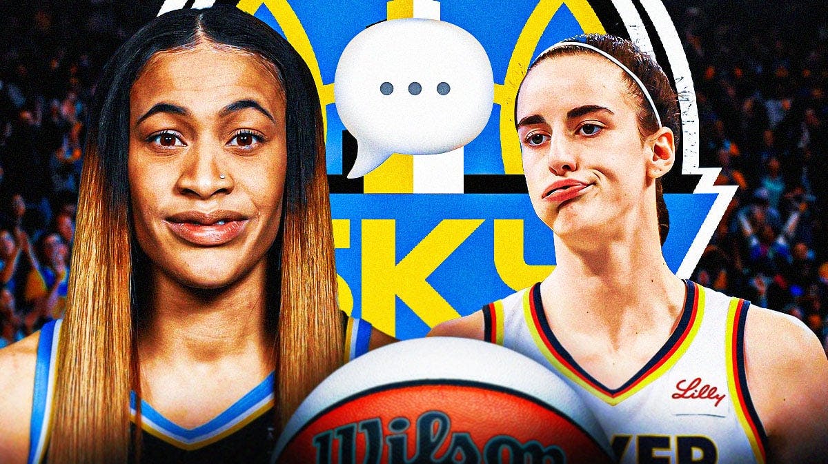 Chicago Sky guard Chennedy Carter with Indiana Fever guard Caitlin Clark. Carter has a speech bubble with the three dots emoji inside. There is also a logo for the Chicago Sky.
