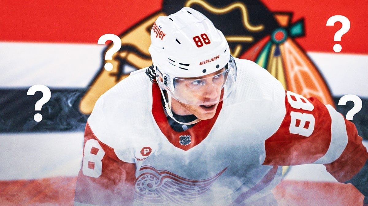 Detroit Red Wings right wing Patrick Kane surrounded by question mark emojis. There is also a logo for the Chicago Blackhawks.