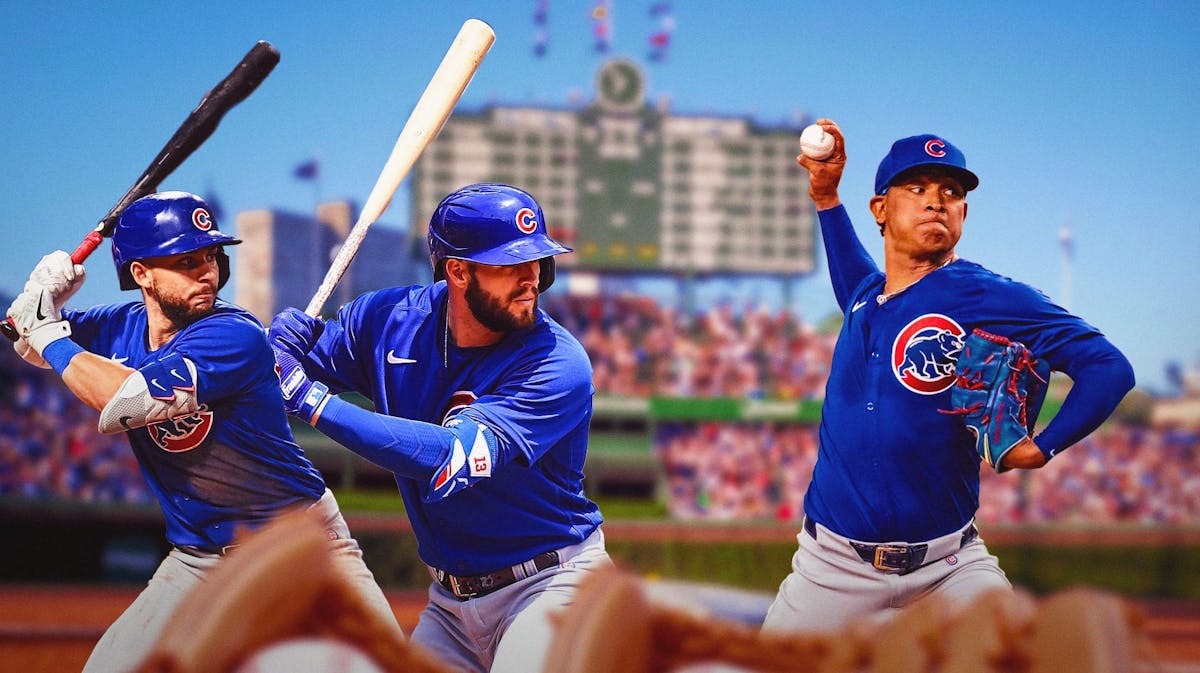 Cubs' David Bote swinging a baseball bat, Cubs' Nick Madrigal swinging a baseball bat, Cubs' Adbert Alzolay pitching a baseball.