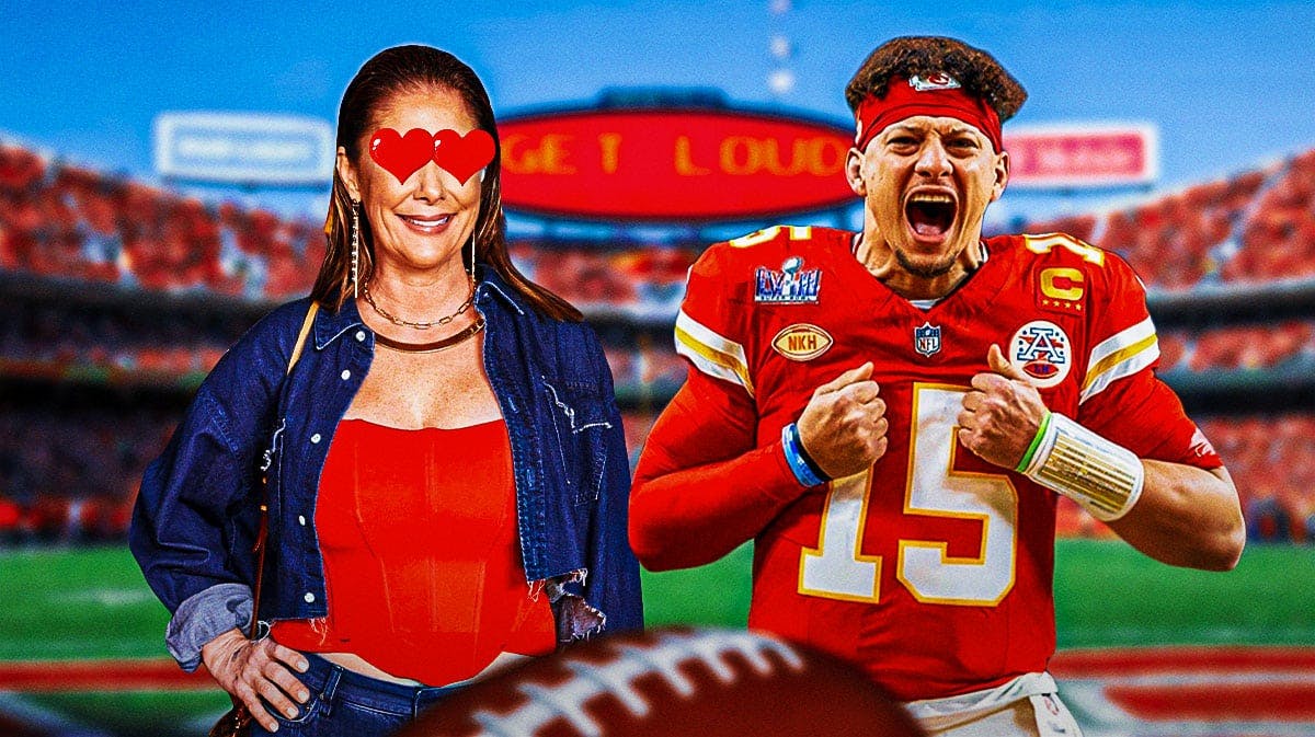 Randi Mahomes on one side with hearts in her eyes, Patrick Mahomes on the other side