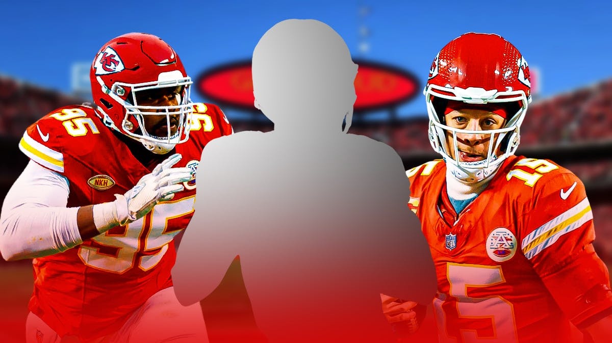 Mystery player in the middle, Patrick Mahomes, Chris Jones around him, Kansas City Chiefs wallpaper in the background