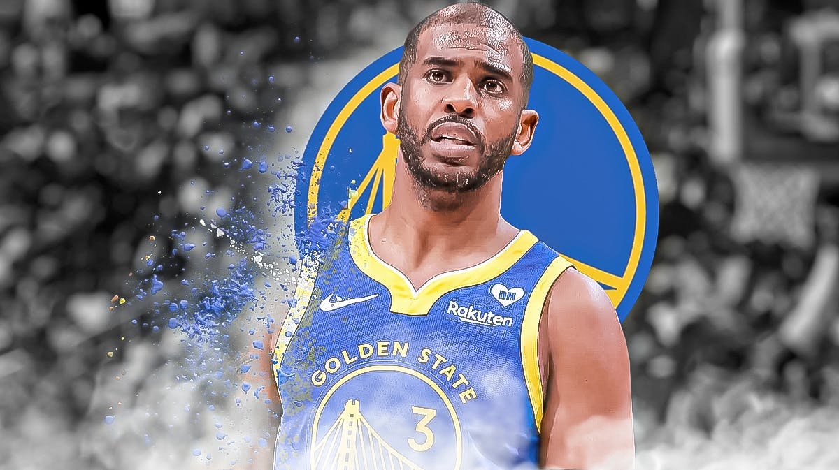 Chris Paul wearing his Warriors jersey but the jersey is disappearing. Warriors logo in the background.