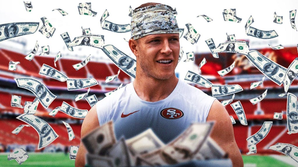 49ers' Christian McCaffrey reacts to contract extension, NFL MVP, Offensive Player of the Year reporters in background