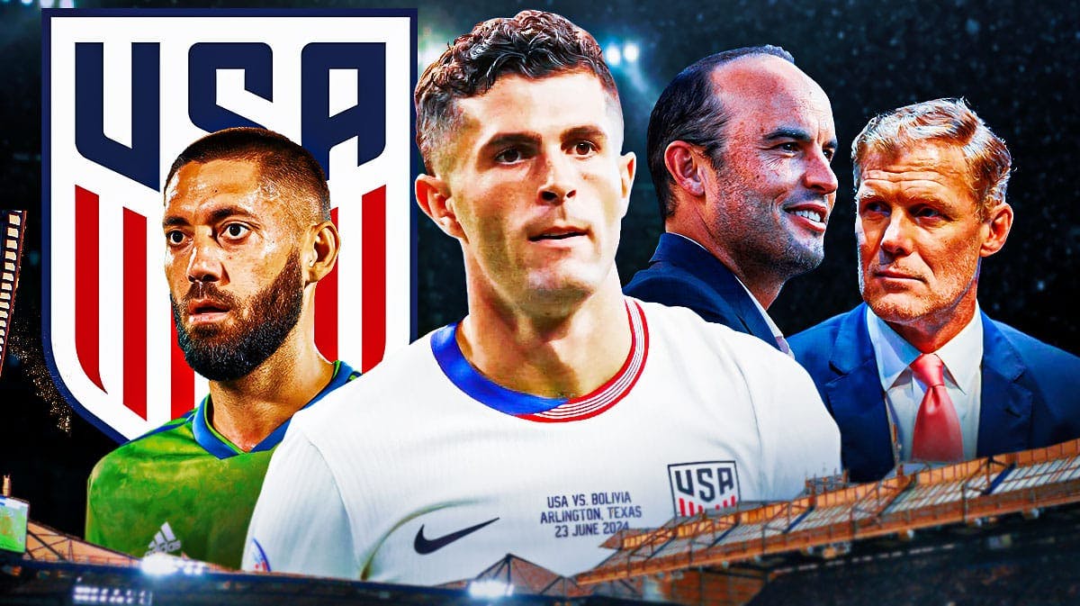 Christian Pulisic in the middle in front of the USMNT logo, Landon Donovan, Alexi Lalas, Clint Dempsey on the sides