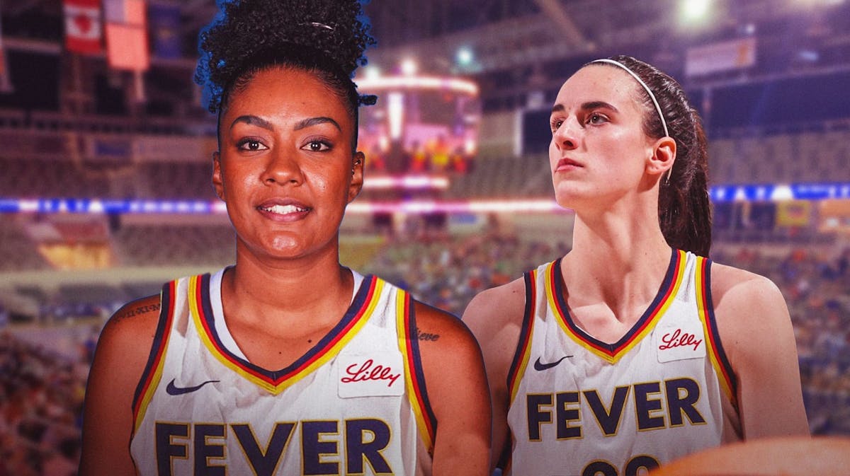 Damiris Dantas in an Indiana Fever jersey alongside Caitlin Clark with the Fever arena in the background, roster