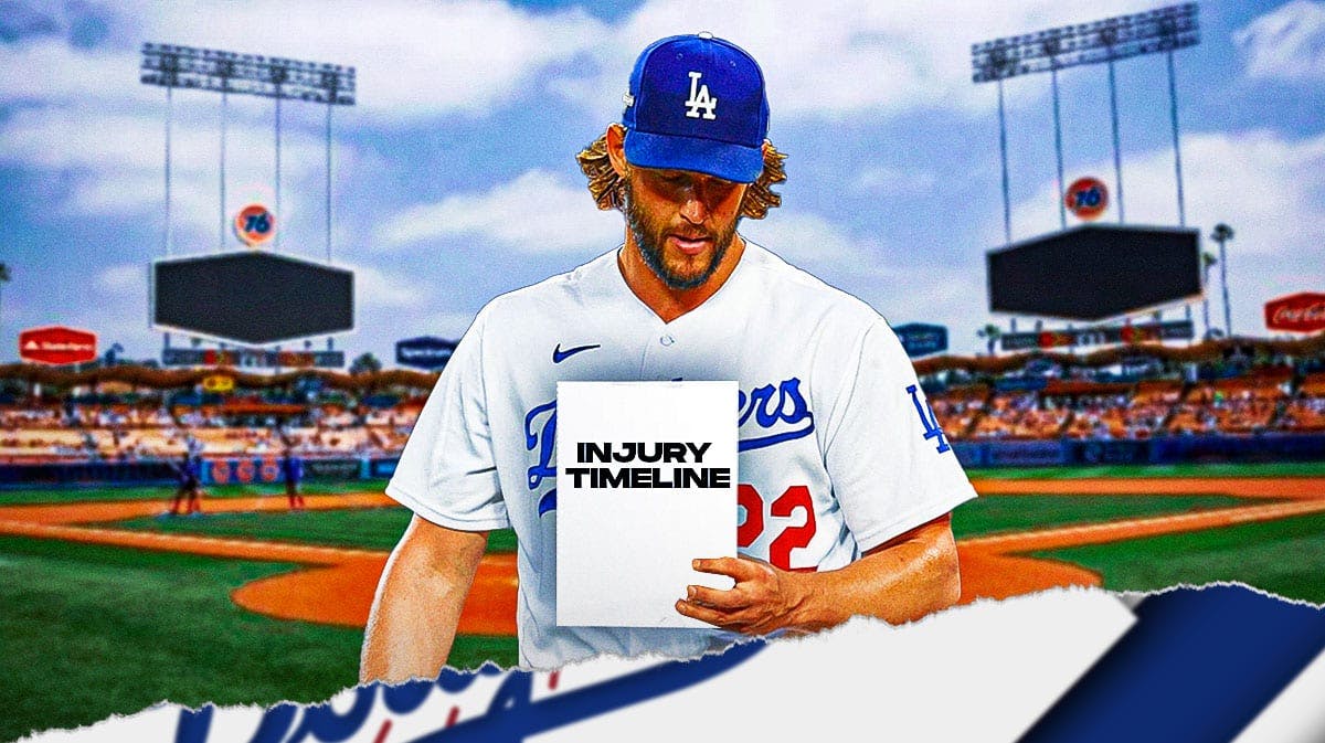 Dodgers' Clayton Kershaw holding a piece of paper. On the paper, write the following: INJURY TIMELINE