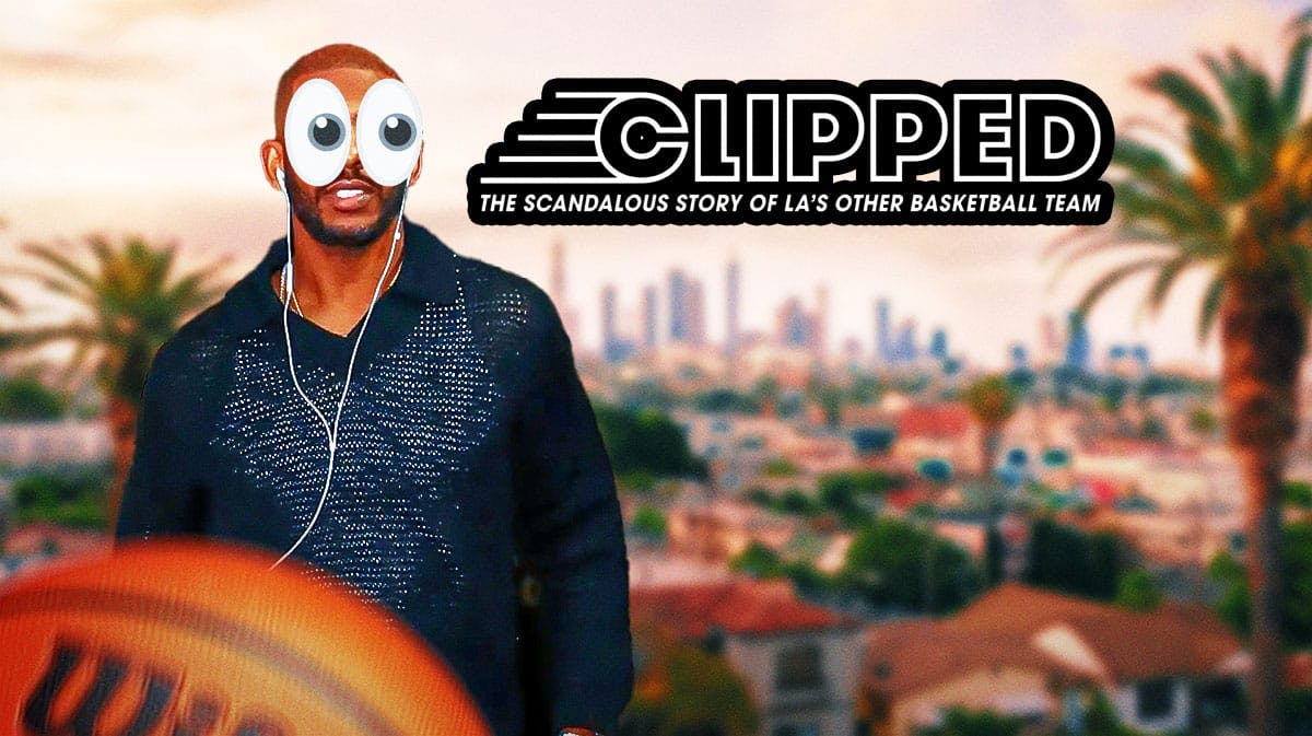 Chris Paul in normal clothes with eyes popping out looking at the new show called "Clipped" (about the LA Clippers).