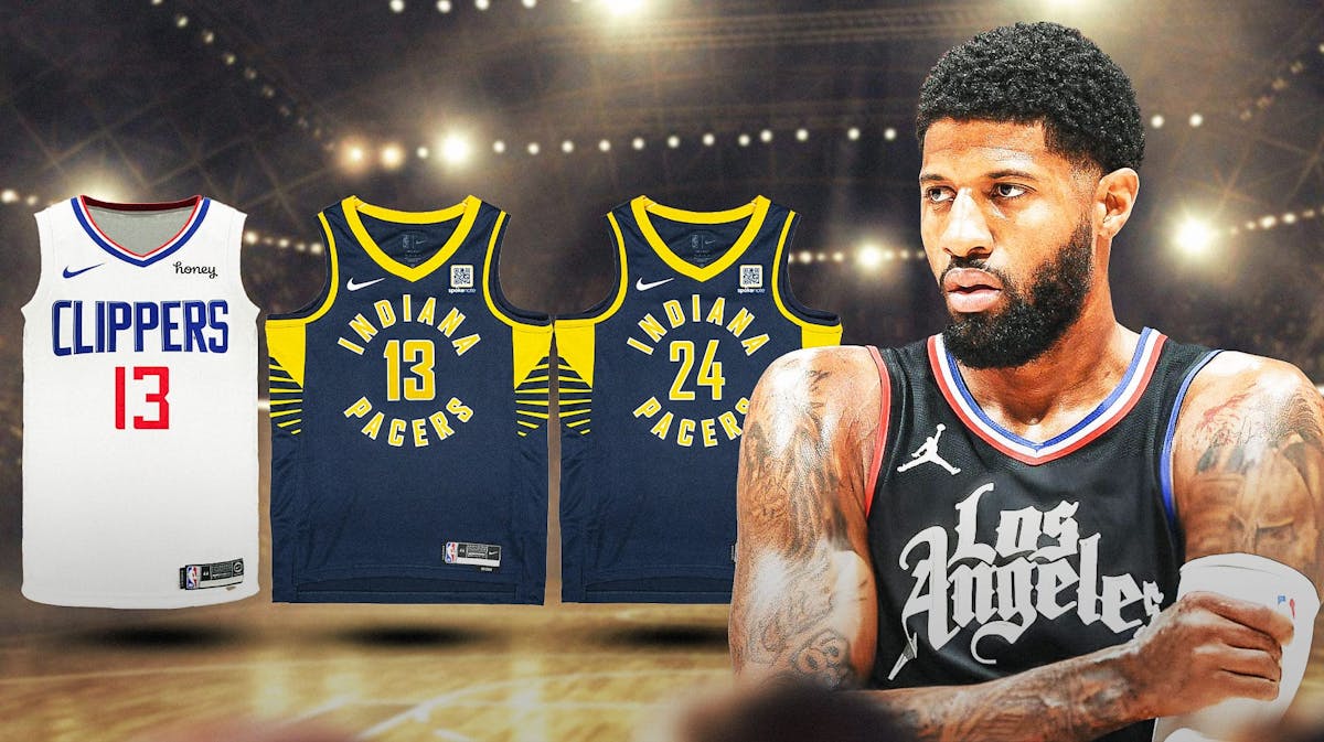 Paul George looking at his Clippers 13 jersey, Pacers 13 jersey, and Pacers 24 jersey