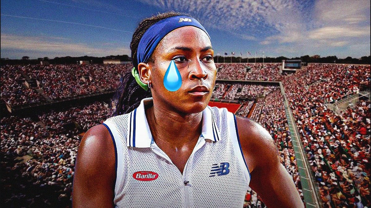 Women's tennis player Coco Gauff, with fake/exaggerated teardrop in her eyes, with the location of the French Open as the background. The French Open is played at Roland Garros Stadium in Paris, France).