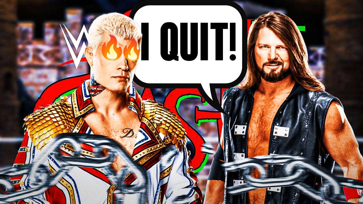AJ Styles with a text bubble reading "I Quit!" next to Cody Rhodes with fire emojis over his eyes with the Clash at the Castle logo as the background.