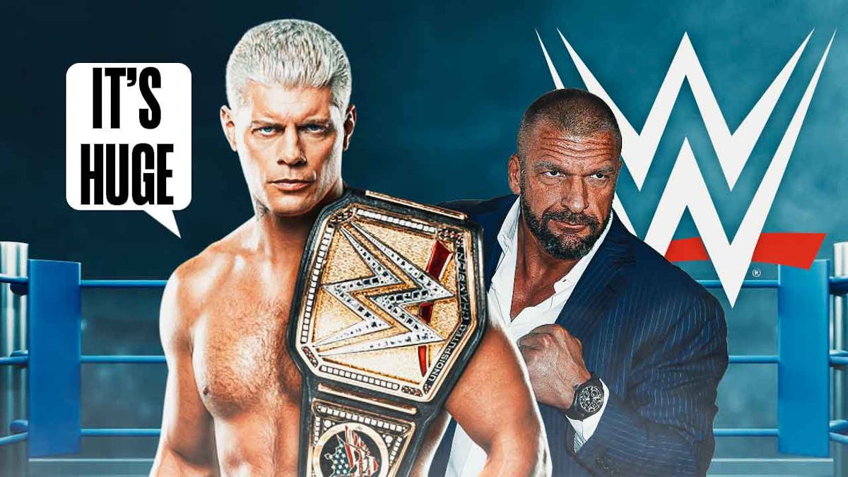 Cody Rhodes with a text bubble reading "It's huge" next to Triple H with the WWE logo as the background.