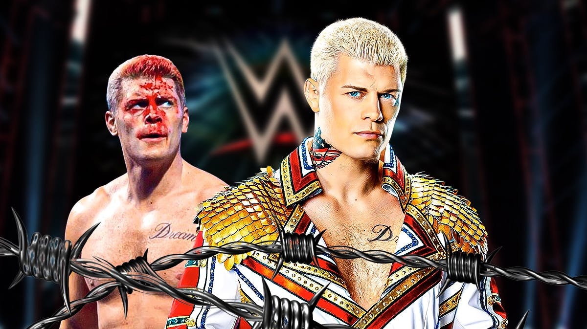 A normal picture of Cody Rhodes next to bloody Cody Rhodes with the WWE logo as the background.