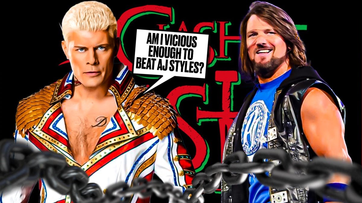 Cody Rhodes with a text bubble reading "Am I vicious enough to beat AJ Styles?" next to AJ Styles with the Clash at the Castle logo as the background.