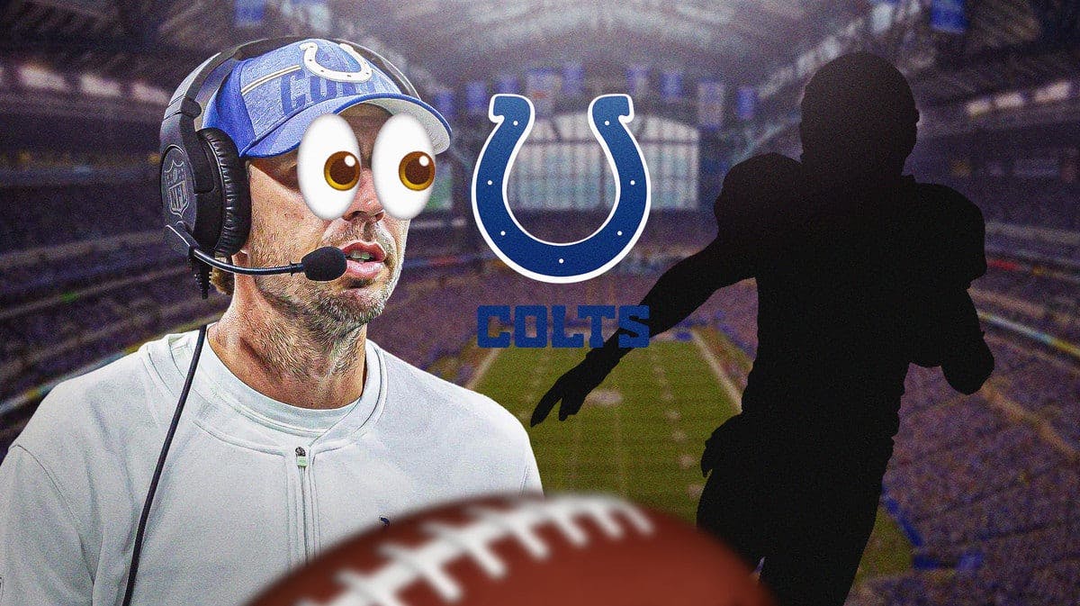 Colts' Shane Steichen with his eyes popping out, Colts logo in the background and silhouette of a player