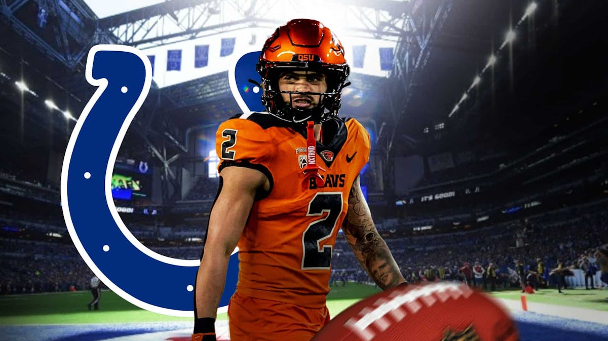 Wide receiver Anthony Gould from Oregon State next to Indianapolis Colts logo