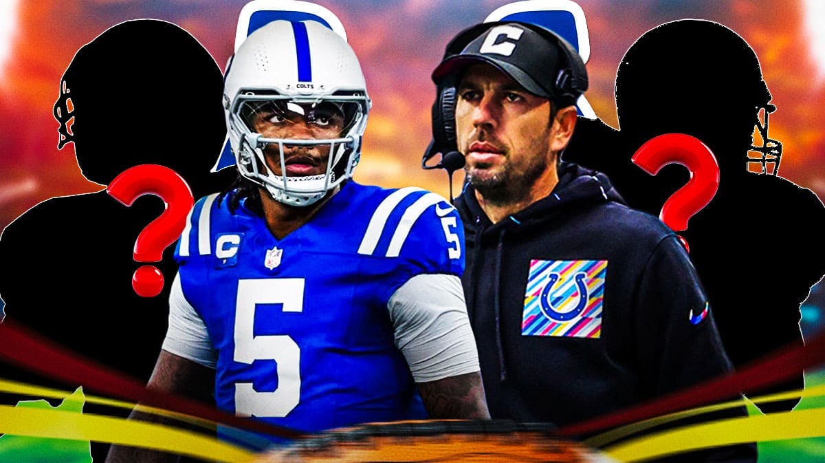 Indianapolis Colts head coach Shane Steichen with QB Anthony Richardson and two silhouettes of American football players with big question mark emojis inside. There is also a logo for the Indianapolis Colts.