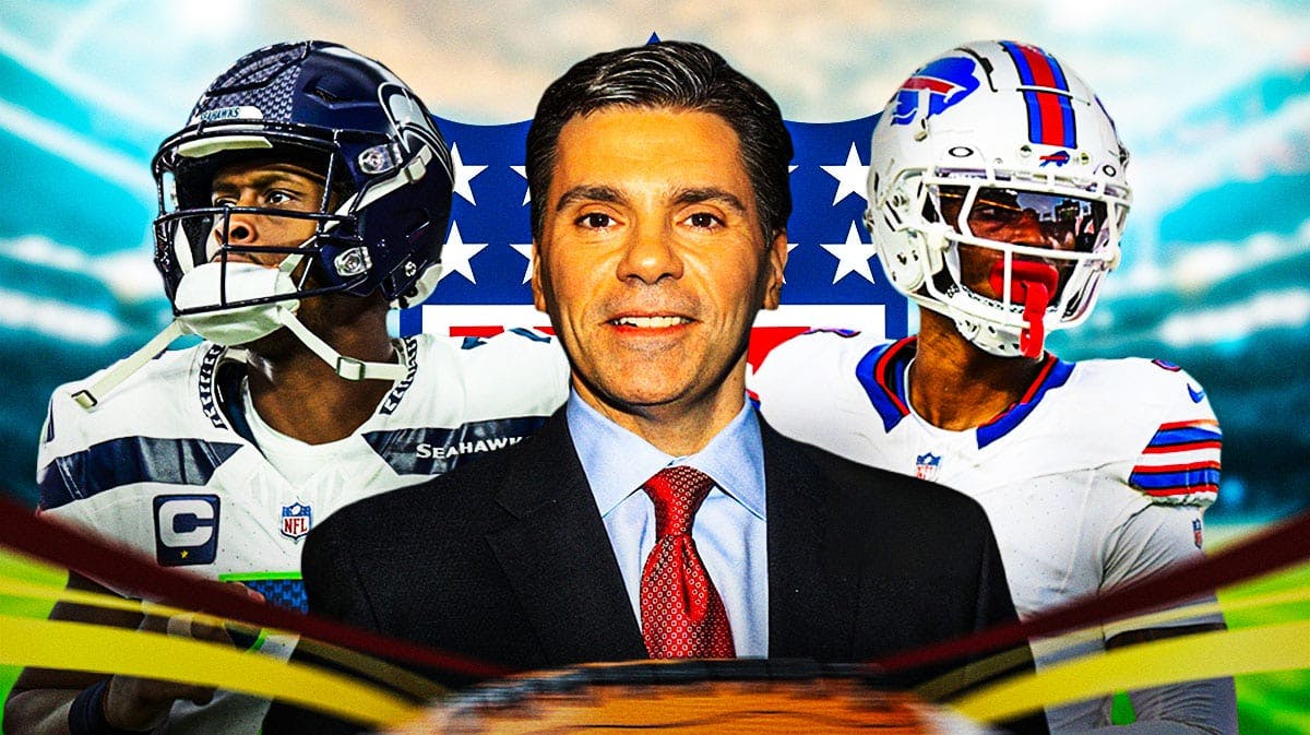 American broadcaster Mike Florio with Seattle Seahawks QB Geno Smith and Buffalo Bills defensive back Damar Hamlin. There is also a logo for the NFL.