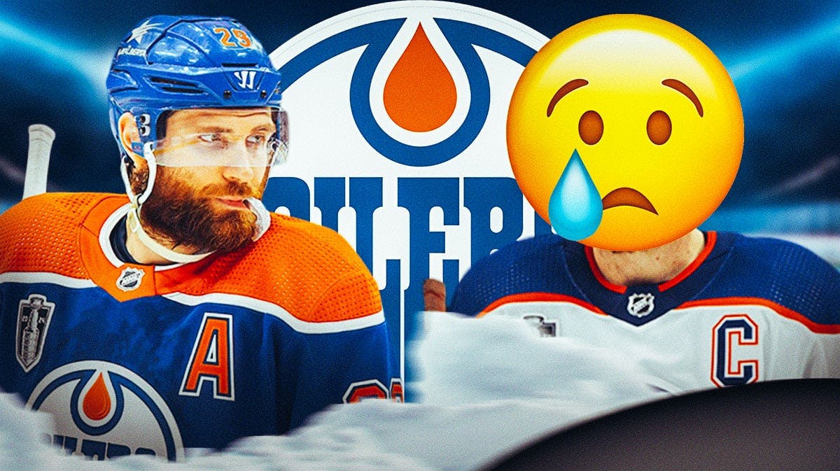 Edmonton Oilers center Connor McDavid with a crying emoji over his face. He is next to Oilers center Leon Draisaitl. There is also a logo for the Edmonton Oilers.