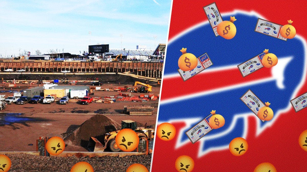 Picture of the new Bills stadium under construction, alongside image of Bills season tickets and money emojis