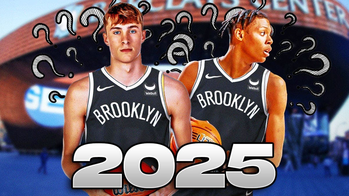 Cooper Flagg in a Nets jersey, Airious "Ace" Bailey in a Nets uniform, 2025 NBA Draft across the bottom and question marks all around.