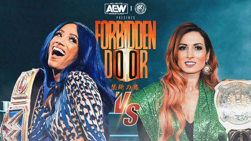 Mercedes Mone on the left, Becky Lynch on the right with a Vs. Symbol between them and the AEW Forbidden Door logo as the background.