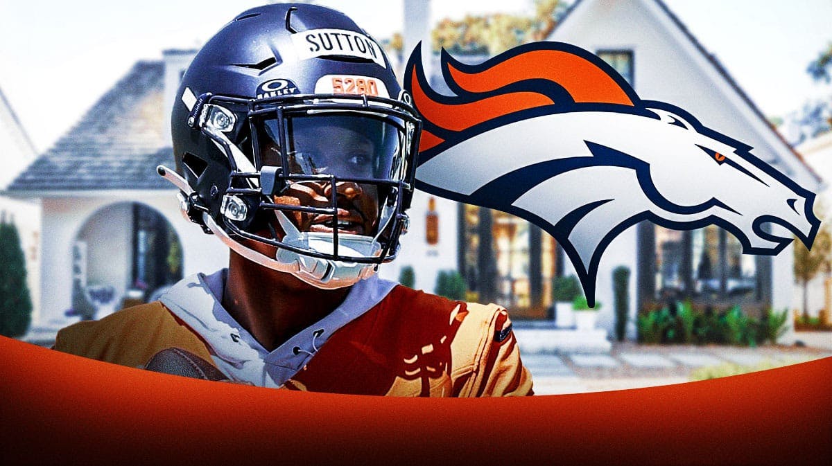 Courtland Sutton next to a house which has the Denver Broncos logo on it.