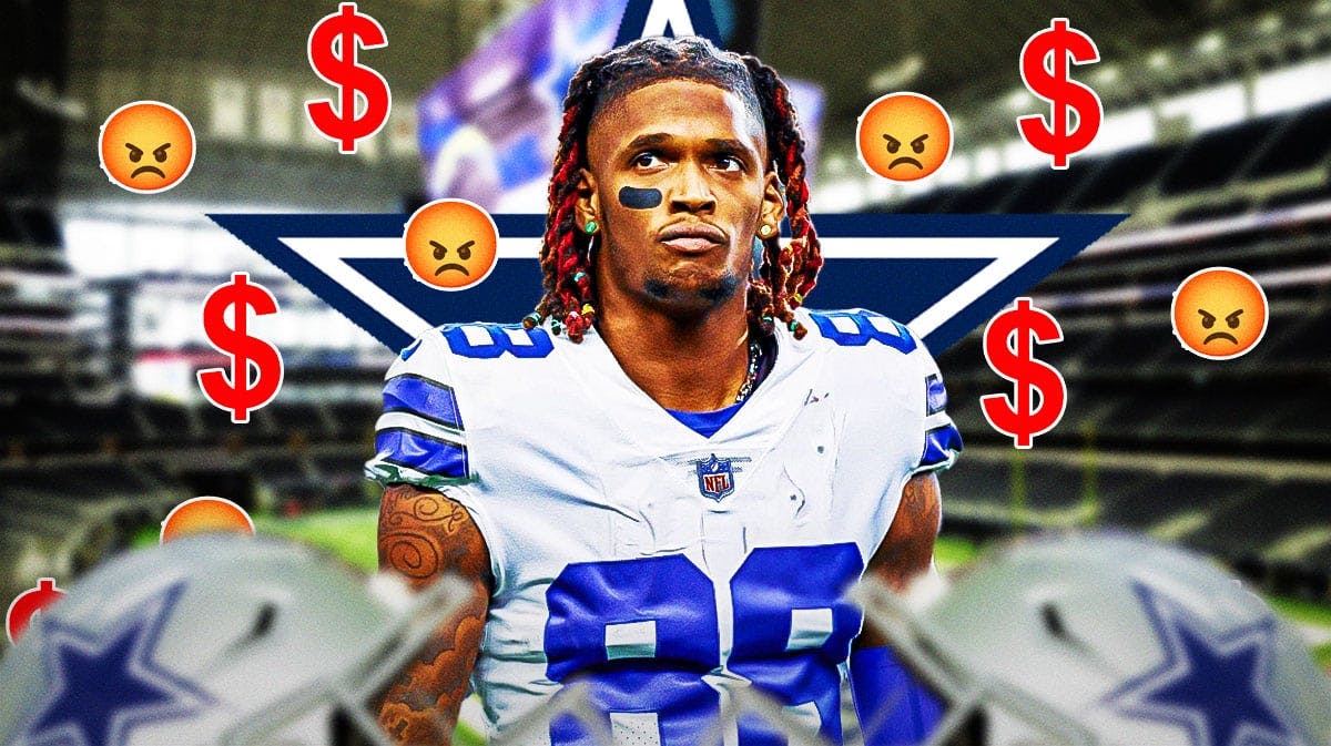 Dallas Cowboys wide receiver CeeDee Lamb surrounded by angry emojis and red dollar sign emojis. There is also a logo for the Dallas Cowboys.