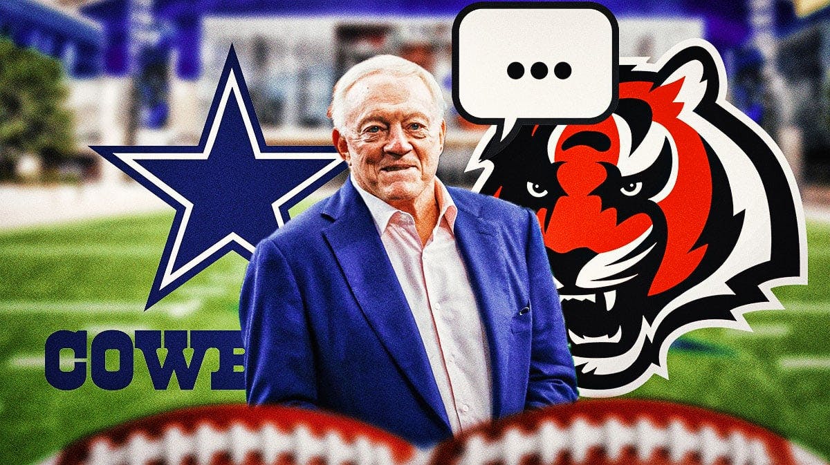 Dallas Cowboys owner Jerry Jones with a speech bubble that has the three dots emoji inside. There is also a logo for the Dallas Cowboys and the Cincinnati Bengals.