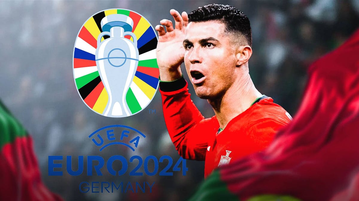 Cristiano Ronaldo shouting in front of the Euro 2024 logo