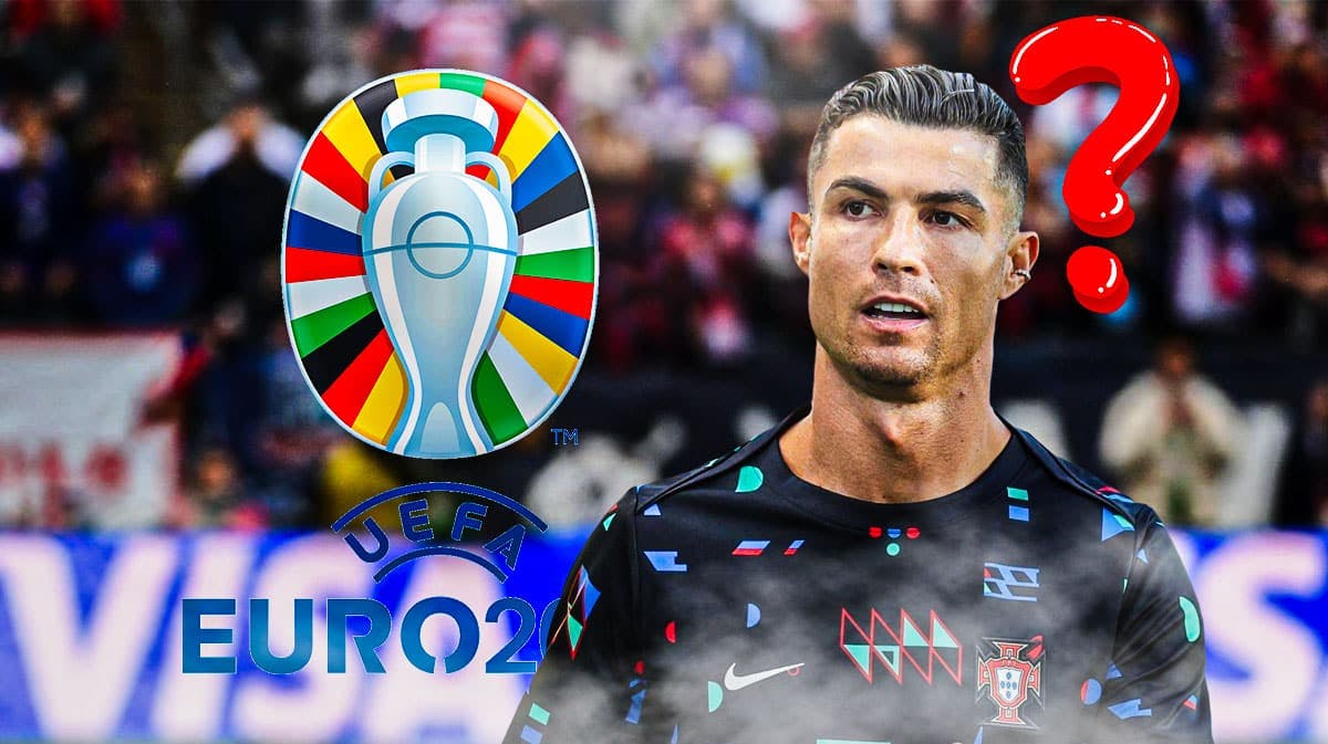 Cristiano Ronaldo in front of the Euro 2024 logo, questionmarks in the air