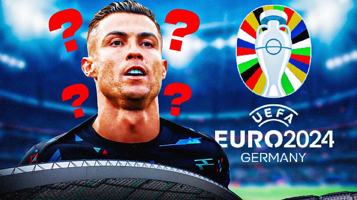 Cristiano Ronaldo in front of the Euro 2024 logo, questionmarks in the air