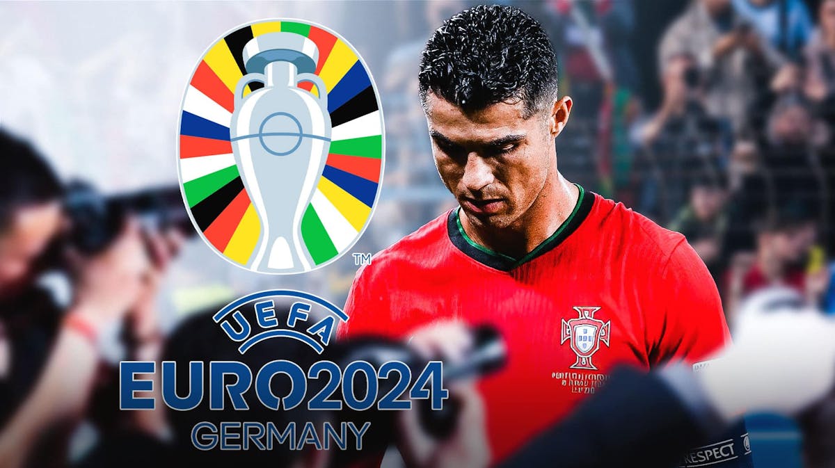 Cristiano ROnaldo looking down/sad in front of the Euro 2024 logo