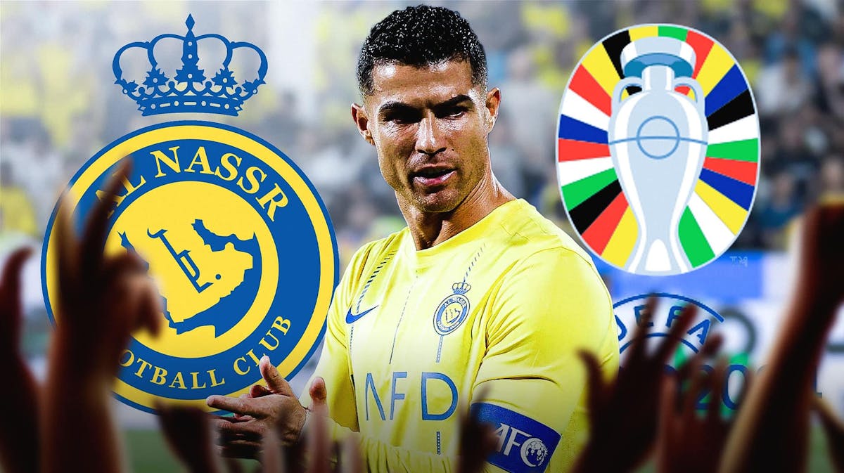 Cristiano Ronaldo in front of the Al-Nassr and Euro 2024 logos