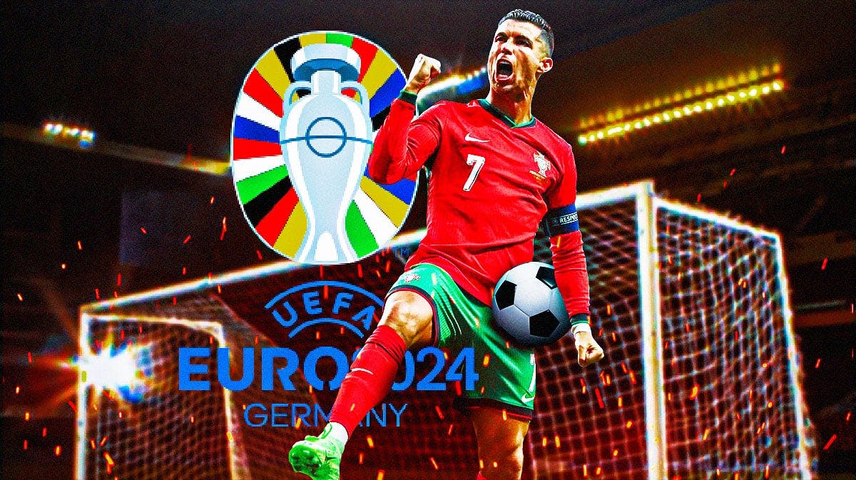 Cristiano Ronaldo celebrating on fire in front of the Euro 2024 logo
