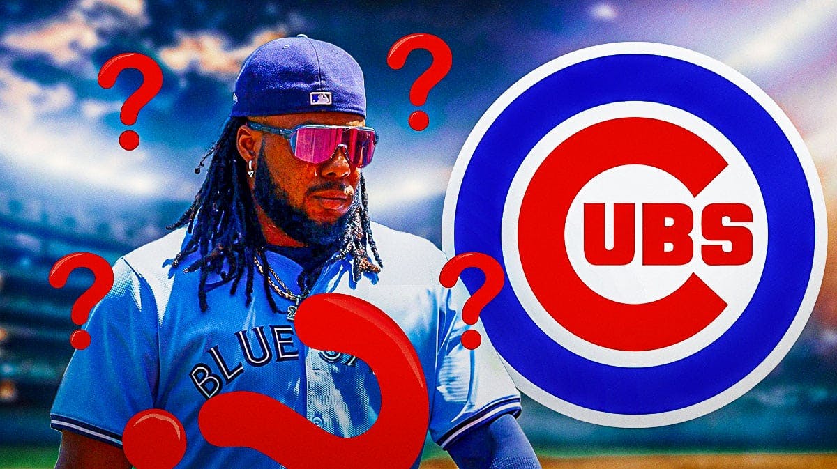 Vlad Guerrero Jr. in image looking stern, Chicago Cubs logo, 3-5 question marks, baseball field in background