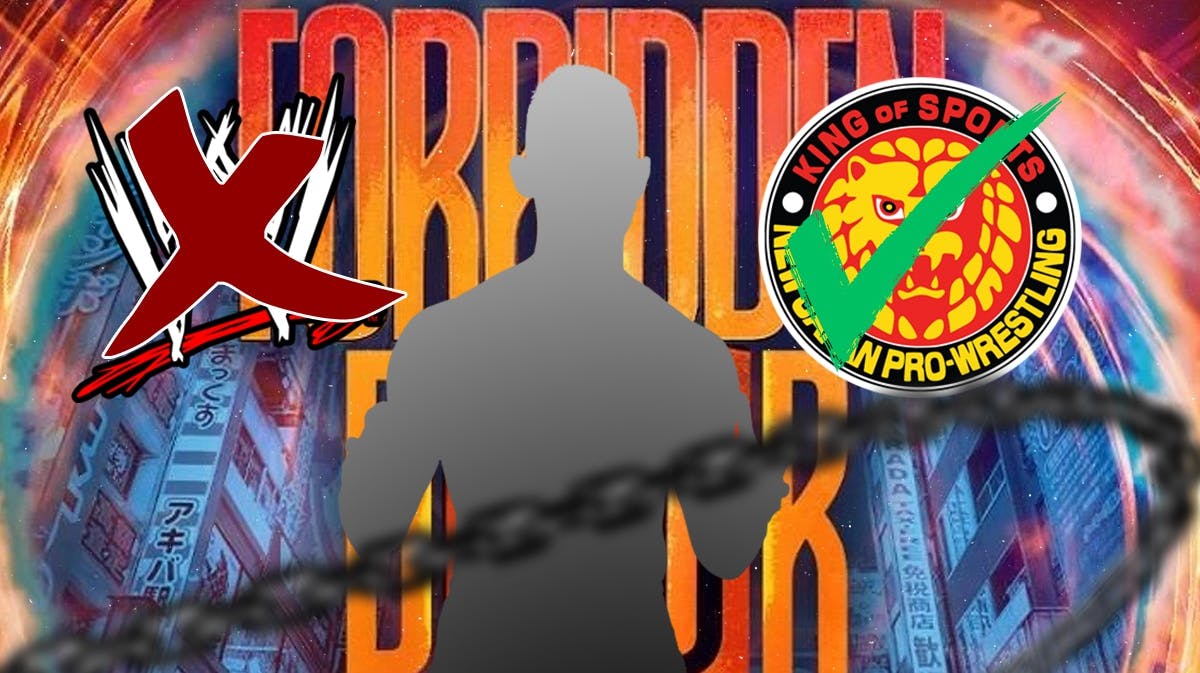 The blacked-out silhouette of Gabe Kidd with the crossed out WWE logo on his left and the New Japan logo on his right with a green check mark over it with the AEW Forbidden Door logo as the background.