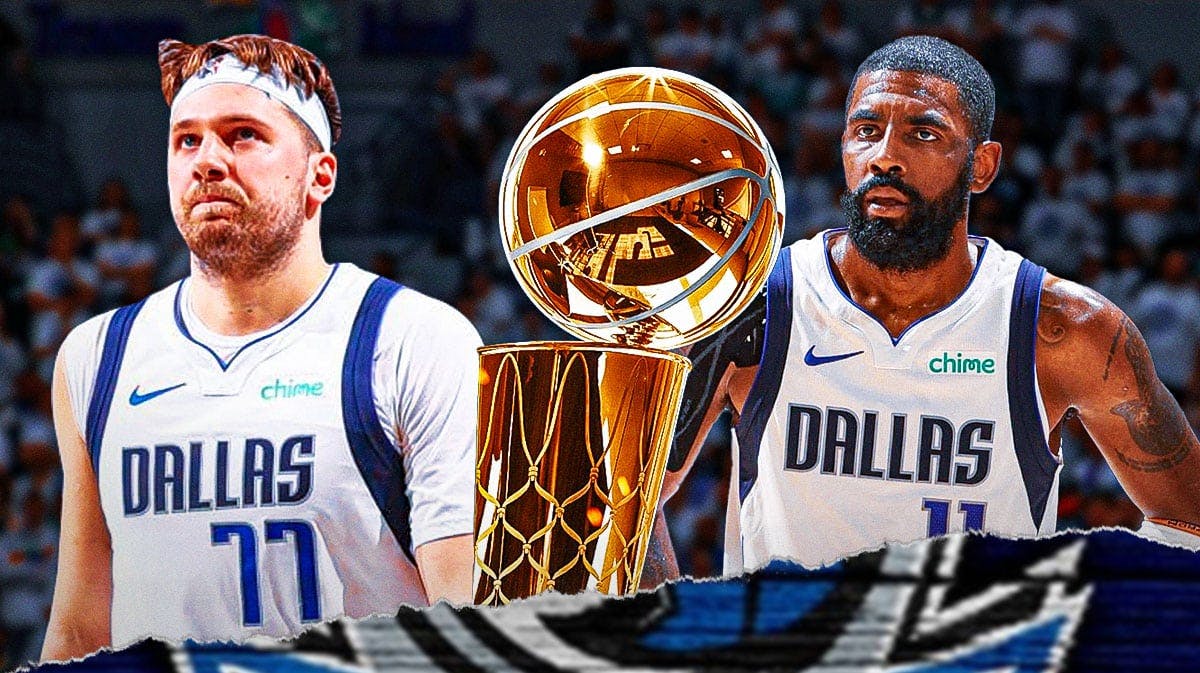 Dallas Mavericks stars Luka Doncic and Kyrie Irving with the Larry O'Brien Trophy between them