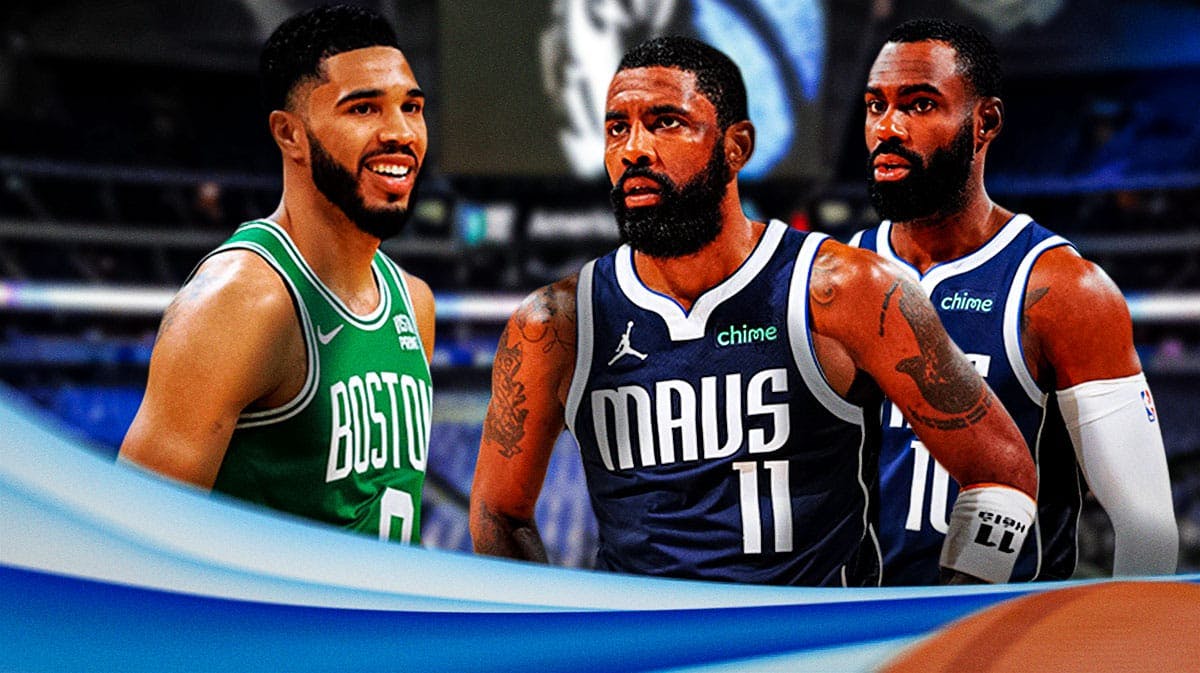 Mavericks' Tim Hardaway Jr., Kyrie Irving looking serious next to Celtics' Jayson Tatum smiling with an NBA Finals Game 2 logo background
