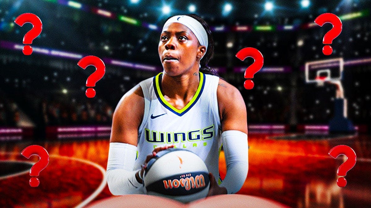 Wings Arike Ogunbowale with question marks all around her. Have her shooting a basketball.