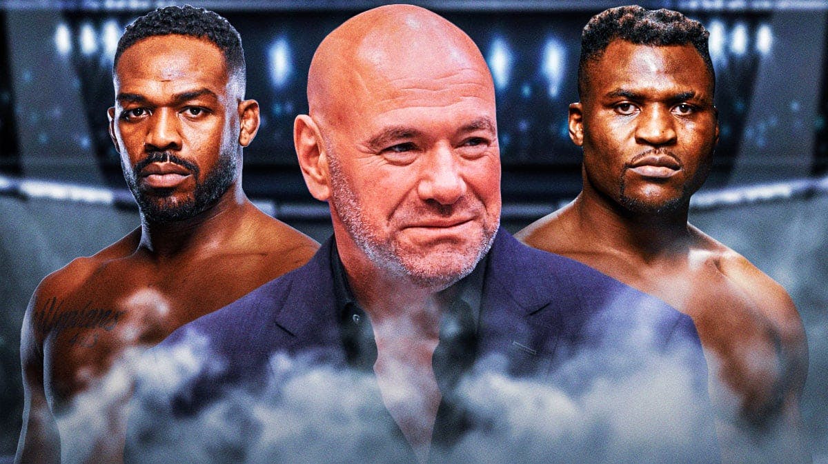 Jon Jones and Francis Ngannou on the sides, Dana White in the middle