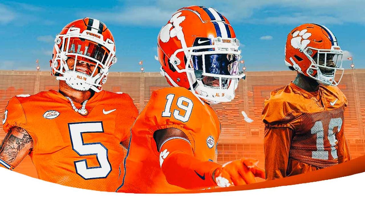 Clemson football, Tigers, Clemson football offseason, TJ Moore, TJ Moore Clemson, TJ Moore, Bryant Wesco and Nylon Griffin all in Clemson unis with Clemson football stadium in the background