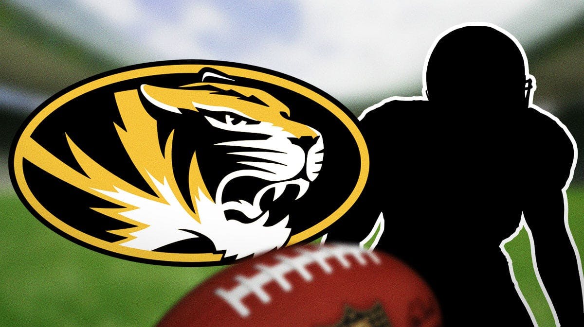 Missouri football logo, next to the silhouette of a football player.