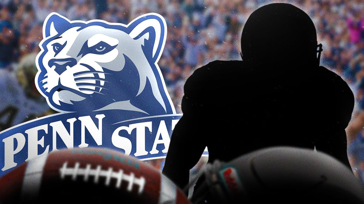 Penn State football logo, next to silhouette of player.