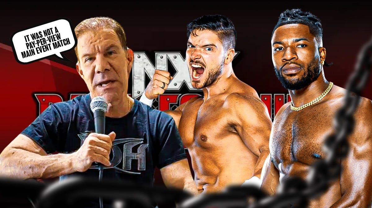 Dave Meltzer with a text bubble reading "It was not a Pay-Per-View main event match" next to Trick Williams and Ethan Page with the NXT Battleground logo as the background.